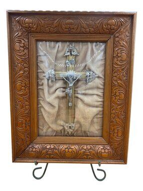 Crucifix on Velvet Convex Glass Wood Art Frame Silver & Gold Tones 15”x12.5”